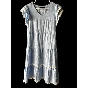 Light Blue Whit Ric Rac Trim V Neck Maxi Boho Tiered Summer Dress Cottagecore M